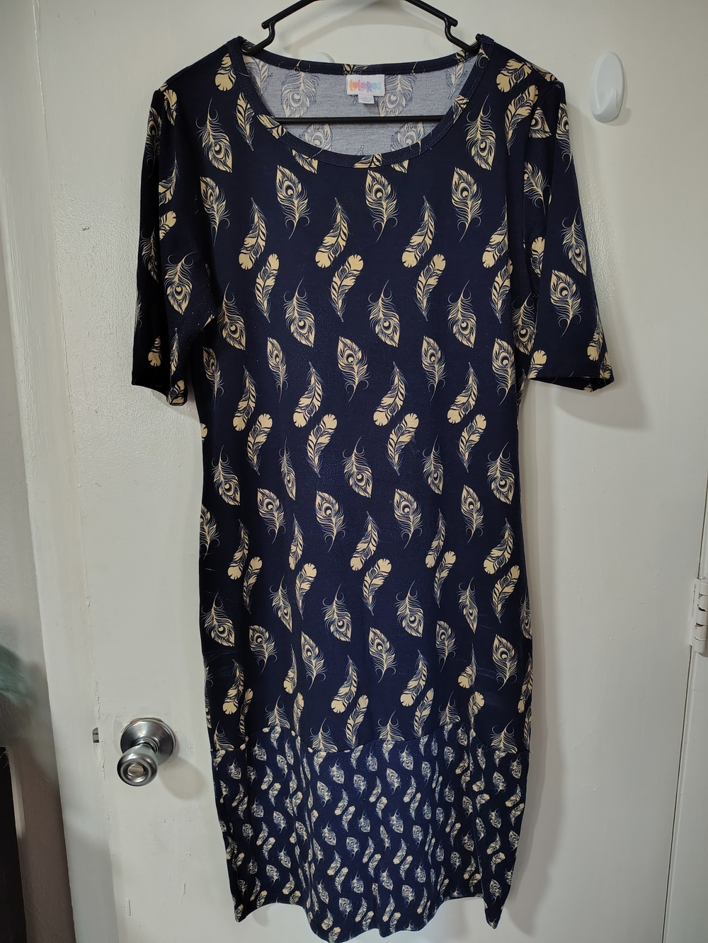 LuLaRoe Navy Dress with Beige Feather Print - Midi